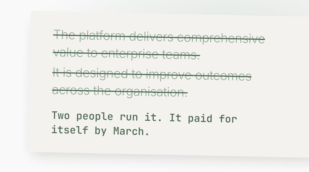 Two flat sentences struck through, with a rewritten line set below them in mono.